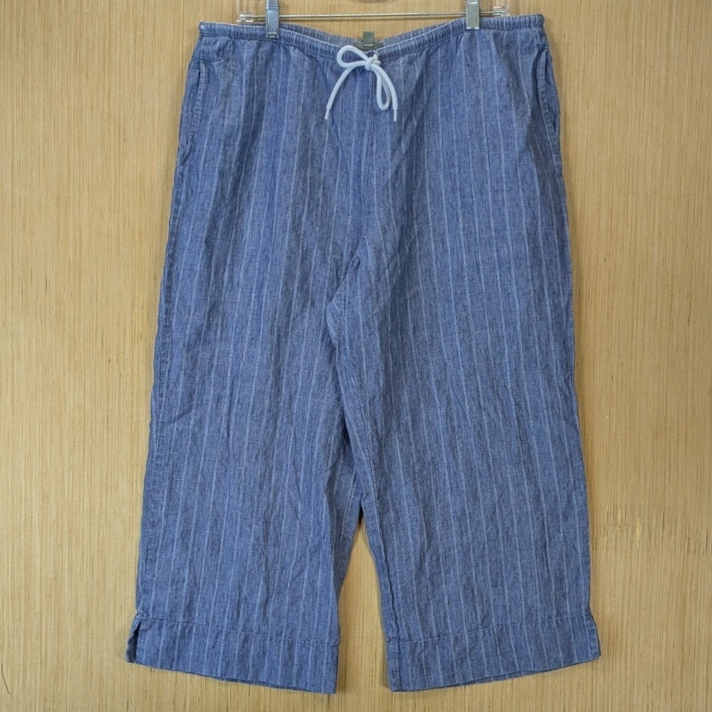 J.Jill Coastal 100% Linen Cropped Wide Leg Drawstring Pants Large Blue Pinstripe